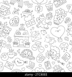 Vektor schwarz und weiß Kawaii Saint Valentine nahtlose Muster für Kinder. Niedliche Zeichentricklinie wiederkehrender Hintergrund. Liebe Weihnachtssymbole mit Stock Vektor