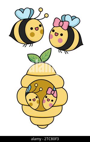 Vektor Kawaii Bienenstock und fliegende Biene Ikone für Kinder. Niedliches Insektenpaar und ihre Hausillustration. Lustige Zeichentrickfiguren und Hive. Ado Stock Vektor