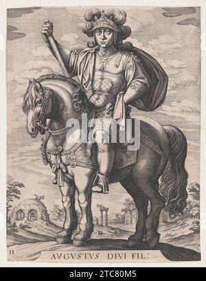 Platte 2: Kaiser Augustus zu Pferd, aus „den ersten zwölf römischen Cäsaren“, nach Tempesta 1951 von Antonio Tempesta Stockfoto