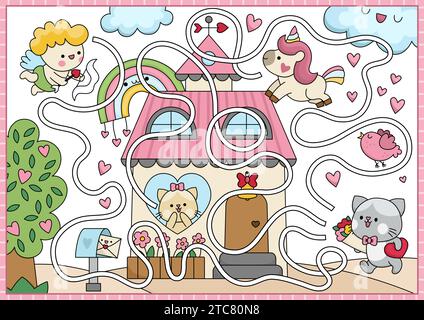 St. Valentine Labyrinth für Kinder. Ich liebe die druckbare Aktivität im Vorschulalter mit Kawaii-Einhorn, Regenbogen, Cupid. Labyrinth-Spiel oder Puzzle mit niedlichem roman Stock Vektor