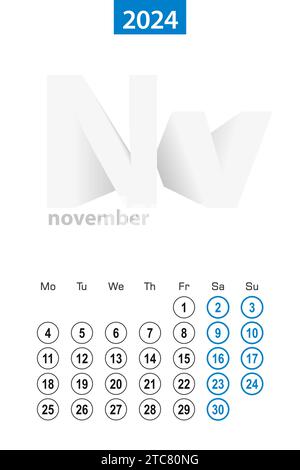 Kalender für November 2024, blauer Kreis. Englisch, die Woche beginnt am Montag. Vektorvorlage. Stock Vektor