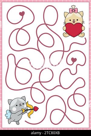 St. Valentine Labyrinth für Kinder. Ich liebe die druckbare Aktivität im Vorschulalter mit Kawaii-Katzen. Labyrinth-Spiel oder Puzzle mit niedlichem Kätzchen-Cupid mit Bogen und Stock Vektor