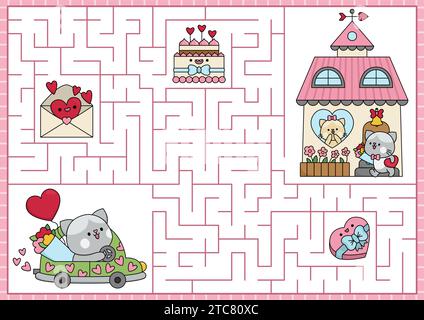 St. Valentine Labyrinth für Kinder. Ich liebe die druckbare Aktivität im Vorschulalter mit Kawaii-Charakteren, Kuchen, Brief. Labyrinth-Spiel-Puzzle mit niedlichen Romantik Stock Vektor