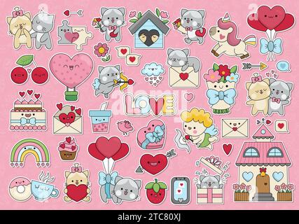 Vector Saint Valentine Aufkleber mit süßen Kawaii Zeichen. Traditionelles Liebes-Urlaub-Clipart für Kinder. Lustige Abzeichen-Kollektion mit Cupid, Einhorn, c Stock Vektor