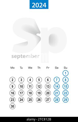 Kalender für September 2024, blauer Kreis. Englisch, die Woche beginnt am Montag. Vektorvorlage. Stock Vektor