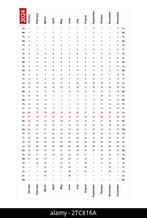 Vertikaler Kalender mit einer Zeile 2024, erster Tag der Woche am sonntag. Vektorkalender. Stock Vektor