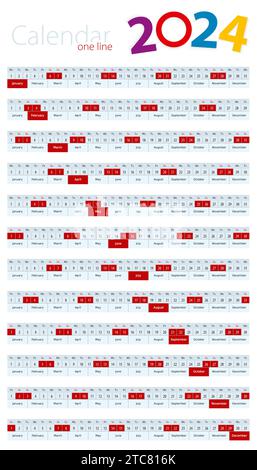 Einzeiliger Kalender 2024, für Design-Wand- und Schreibtischkalender. Vektorvorlage. Stock Vektor