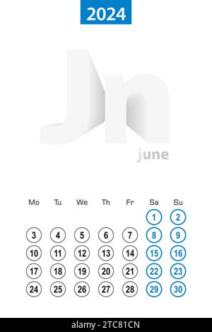 Kalender für Juni 2024, blauer Kreis. Englisch, die Woche beginnt am Montag. Vektorvorlage. Stock Vektor