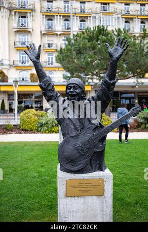 Montreux, Schweiz - 31. März 2018: Bronzestatue von Carlos Santana, geschaffen vom italienischen Künstler Marco Zeno auf dem Rasen der Miles Davis Hall, ven Stockfoto