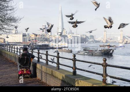 Eine Person im Rollstuhl füttert fliegende Tauben entlang der Themse, London, Großbritannien, mit der Shard and Tower Bridge im Hintergrund Stockfoto