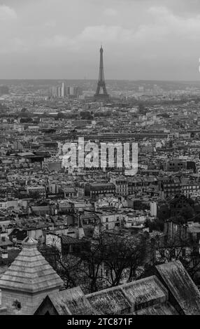 Ein Schwarzweißbild der Dächer von Paris mit Blick auf den Eiffelturm Stockfoto