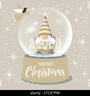 Vektor skandinavische Weihnachten Gnom Illustration im Schneeball. Zeichentrickfiguren. Weihnachtsdesign für Feiertagsdekoration, Grußkarten, Geschenkanhänger, t Stock Vektor