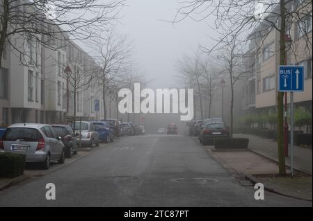 Dilbeek, Brabant, Belgien, 1. Dezember 2023 - Wohnstraße mit geparkten Autos an einem nebeligen Morgen Stockfoto