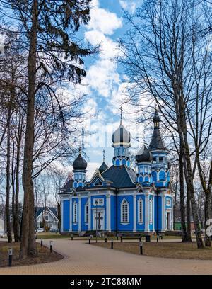 Ein Bild der blauen Freude der Kirche all WHO Sorrow und des nahegelegenen Parks (Druskininkai) Stockfoto
