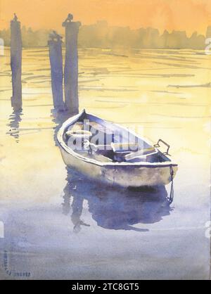 Aquarellmalerei Boot Gardasee italienisches Dekor Reise Essentials handgefertigtes Element Innendesign Landschaft Aquarell Wandkunst giclee (Druck) Stockfoto