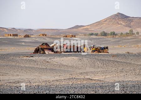 Beduinenzelte in der Sahara bei Merzouga, Drâa-Tafilalet, Errachidia, Marokko Stockfoto
