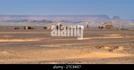 Beduinenzelte in der Sahara bei Merzouga, Drâa-Tafilalet, Errachidia, Marokko Stockfoto