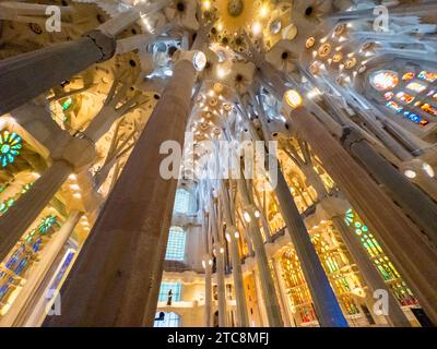 Licht durchströmt die Buntglasfenster der Basilika de la Sagrada Familia, entworfen von Antoni Gaudí und Stockfoto