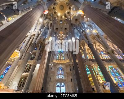 Licht durchströmt die Buntglasfenster der Basilika de la Sagrada Familia, entworfen von Antoni Gaudí und Stockfoto