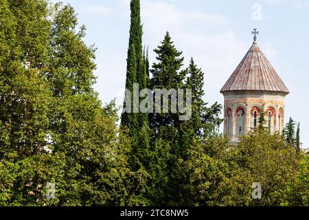 Bodbe, Georgien - 24. September 2023: Grüne Bäume und Kuppel der Kathedrale im Bodbe-Kloster St. Nino in der Region Kakheti in Georgien am sonnigen Herbsttag Stockfoto