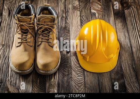 Gelber Helm für die Bausicherheit und Arbeitsstiefel aus Leder auf Vintage-Holzhintergrund Stockfoto