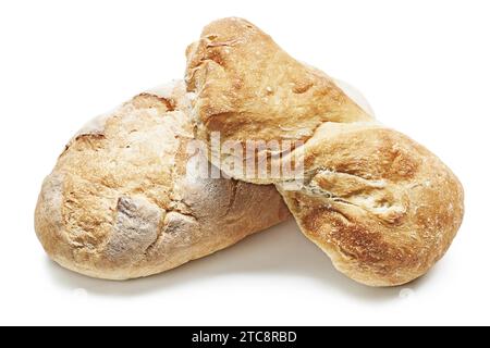 Zwei Brotlaibe vor weißem Hintergrund Stockfoto