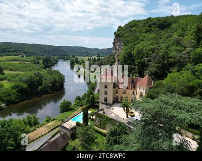 Chateau de la Malartrie, La Roque-Gageac Dordogne France Drone , Aerial , Stockfoto