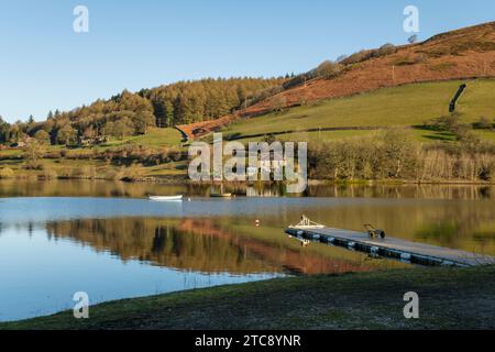 Blick von Ladybower Fisheries an einem sonnigen Frühlingsmorgen im Peak District Nationalpark, Derbyshire, England. Stockfoto