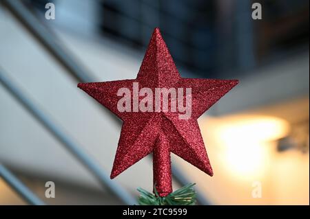 Köln, Deutschland. Dezember 2023. Roter Weihnachtsstern als Spitze eines Tannenbaums, Weihnachtsbaum Credit: Horst Galuschka/dpa/Alamy Live News Stockfoto