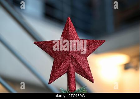 Köln, Deutschland. Dezember 2023. Roter Weihnachtsstern als Spitze eines Tannenbaums, Weihnachtsbaum Credit: Horst Galuschka/dpa/Alamy Live News Stockfoto