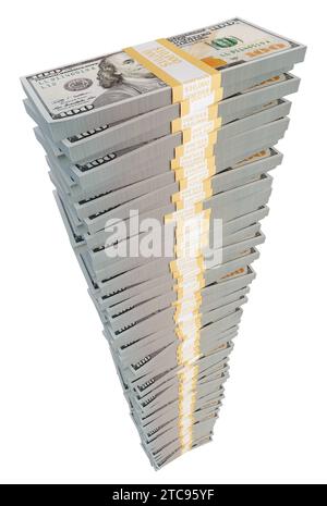 Großer Stack von einer Million Dollar in 100 Dollar Scheinen isoliert auf weißem Hintergrund. Stockfoto