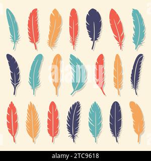 Farbenfrohe Vogelfedern Set-Ikone. Weiche Silhouette. Plumelet Flatkollektion. Vintage-Stift für die Kalligraphie. Vektor isoliert auf weiß Stock Vektor