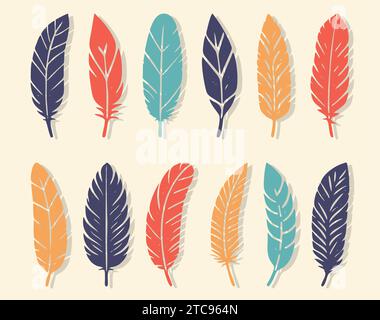 Farbenfrohe Vogelfedern Set-Ikone. Weiche Silhouette. Plumelet Flatkollektion. Vintage-Stift für die Kalligraphie. Vektor isoliert auf weiß Stock Vektor