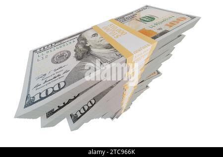 Großer Stack von einer Million Dollar in 100 Dollar Scheinen isoliert auf weißem Hintergrund. Stockfoto