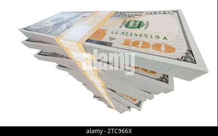 Großer Stack von einer Million Dollar in 100 Dollar Scheinen isoliert auf weißem Hintergrund. Stockfoto