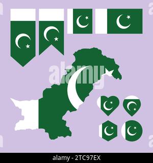 Set von pakistanische Flagge Karte Illustration Vektor-Symbol Karte von Pakistan Grüne Flagge asiatisches Land Stock Vektor