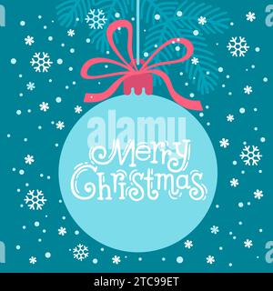 Weihnachtskarte und Einladung. Weihnachtsbaumschmuck mit Text Frohe Weihnachten hängt an einem Band. Handgezeichnete Vektorgrafik Stock Vektor