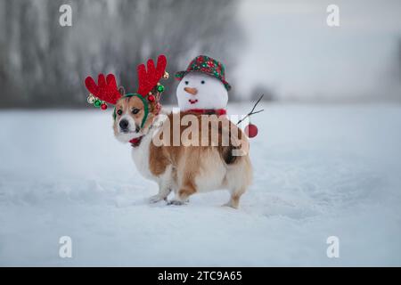 Niedlicher Weihnachtscorgi in Rentiergeweih mit Schneemann im Schnee-Winterpark Stockfoto