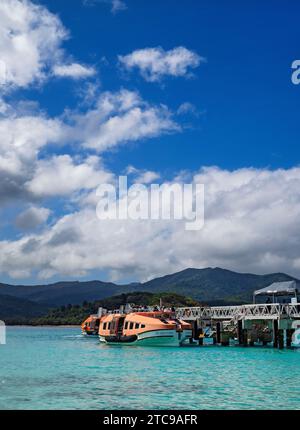 Südpazifik Kreuzfahrt / Kreuzfahrtpassagiere an Bord eines Beibootes von der Carnival Plendor besuchen Mystery Island. Nach der Abfahrt von Sydney aus Stockfoto