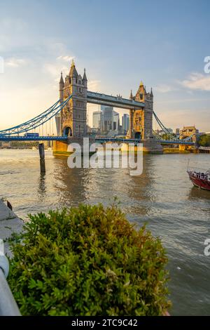 Tower Bridge bei Sonnenuntergang mit Blick auf die Stadt Stockfoto