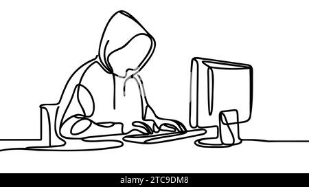 Eine durchgehende Linie eines Computer-Hackers. Vektorkonzept zur Darstellung dünner Linien. Kontur Zeichnen kreativer Ideen. Stock Vektor