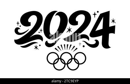 Olympische Spiele 2024. Olympische Sommerspiele in Paris 2024. Schwarze Schrift isoliert auf weißem Hintergrund. Stock Vektor