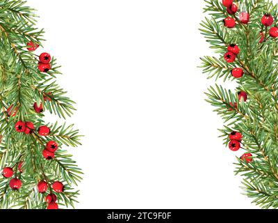 Rahmen von weihnachtsbaumzweigen, die mit roten Beeren verziert sind. Aquarell Weihnachtsillustration zur Dekoration. Natur Design Kreis Rahmen Neujahrsgruß Stockfoto