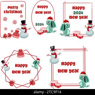 Frohe Weihnachten und Happy New Year Grußkarte mit niedlichem Zeichentrick Schneemann, Drache und Geschenkboxen.Vektor Illustration Stock Vektor