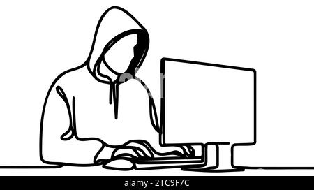 Eine durchgehende Linie eines Computer-Hackers. Vektorkonzept zur Darstellung dünner Linien. Kontur Zeichnen kreativer Ideen. Stock Vektor