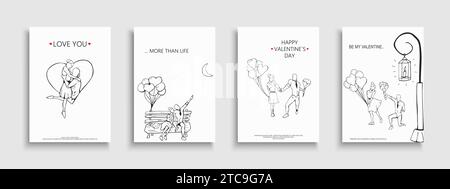 Sammlung von Valentinstag-Postern, Grußkarten mit romantischen handgezeichneten Illustrationen von verliebten Paaren. Stilvolle Urlaubsbezüge, Banner Stock Vektor