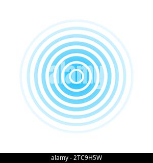 Kreisförmige Radarwelle. Symbol für Schallwelligkeit. Blauer Effekt auf weißem Hintergrund isoliert. Funksignal. Mustersonar. Schwingungsleitung. Radialstrahlen. Rund Stock Vektor