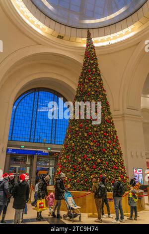 Ein großer geschmückter Weihnachtsbaum in der Halle des Hauptbahnhofes in Dresden. *** Ein großer geschmückter Weihnachtsbaum im Saal des Dresdner Hauptbahnhofs Credit: Imago/Alamy Live News Stockfoto