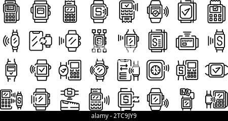 Zahlung mit Smart-Watches Symbole setzen den Konturvektor. NFC-Lesegerät bargeldlos. Gerätearmband Stock Vektor