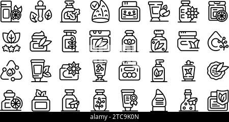 Bio-Hautpflegeprodukte Symbole setzen Konturvektor. Kosmetische Schönheit. Flasche Natur Reinheit Stock Vektor